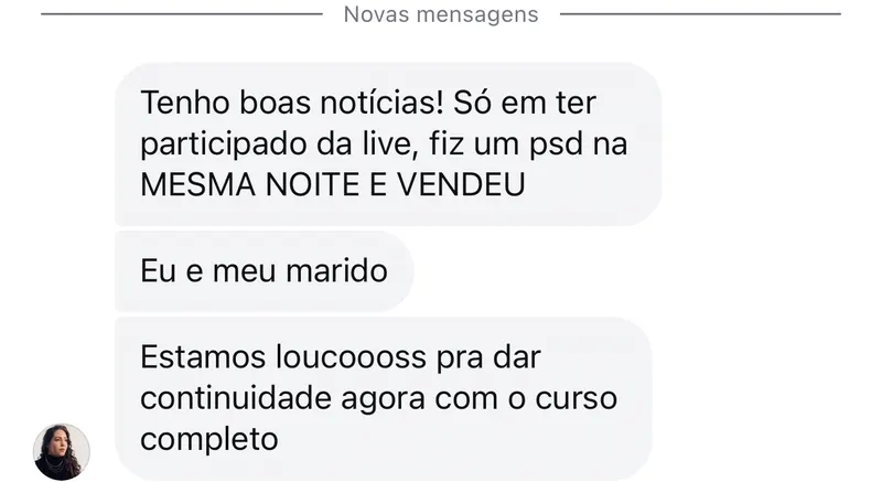 Mensagem de aluna contando que só em ter participado da live fez um produto na mesma noite e vendeu