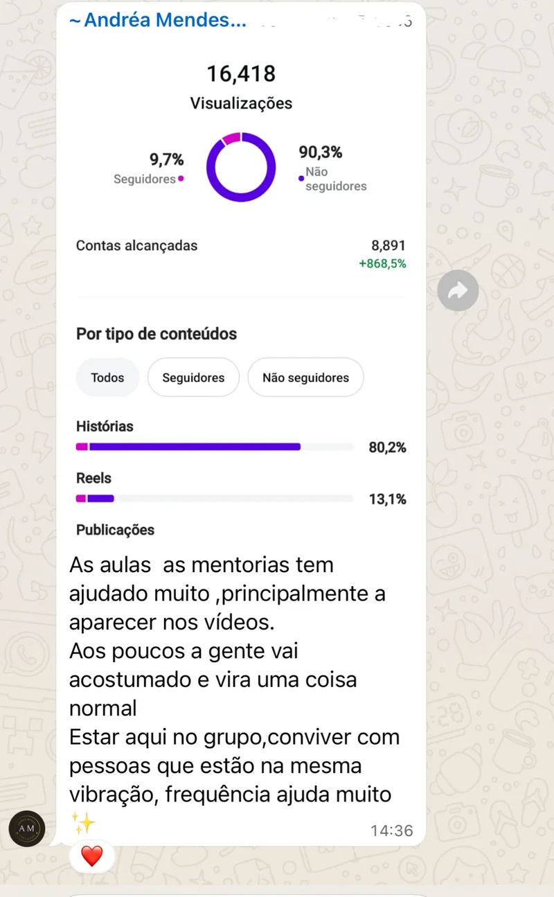 Andréa compartilha o crescimento do alcance no Instagram e conta como as aulas e mentorias ajudaram a aparecer nos vídeos