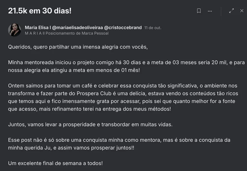 Post de mentora contando que sua mentorada atingiu a meta de 20 mil em menos de um mês, com print mostrando 21,5k em 30 dias