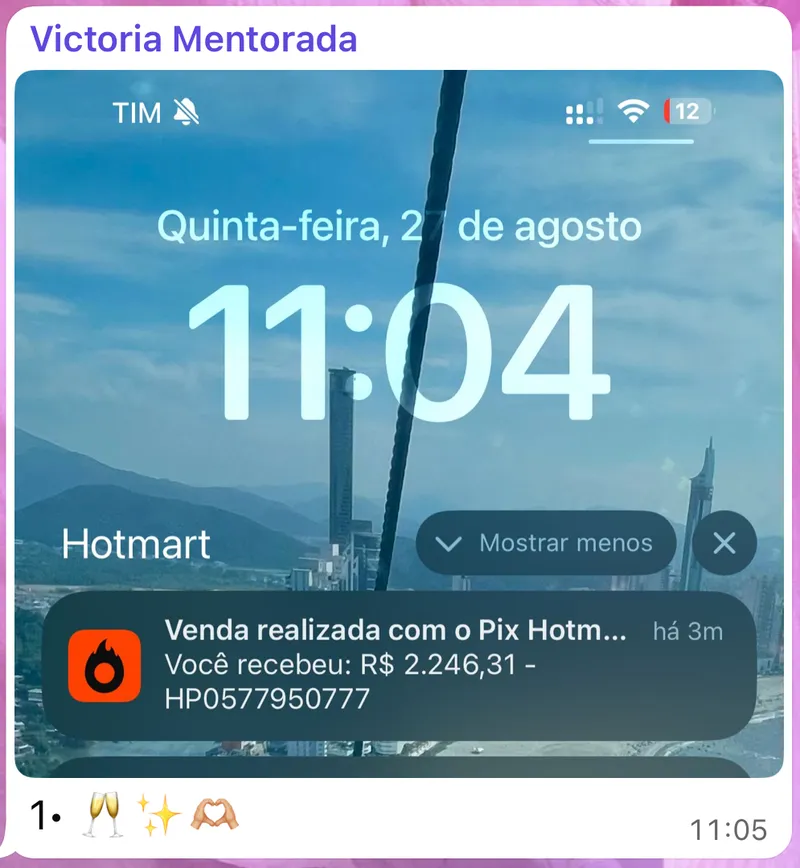 Print enviado pela Victória mostrando notificação da Hotmart de venda de R$ 2.246,31