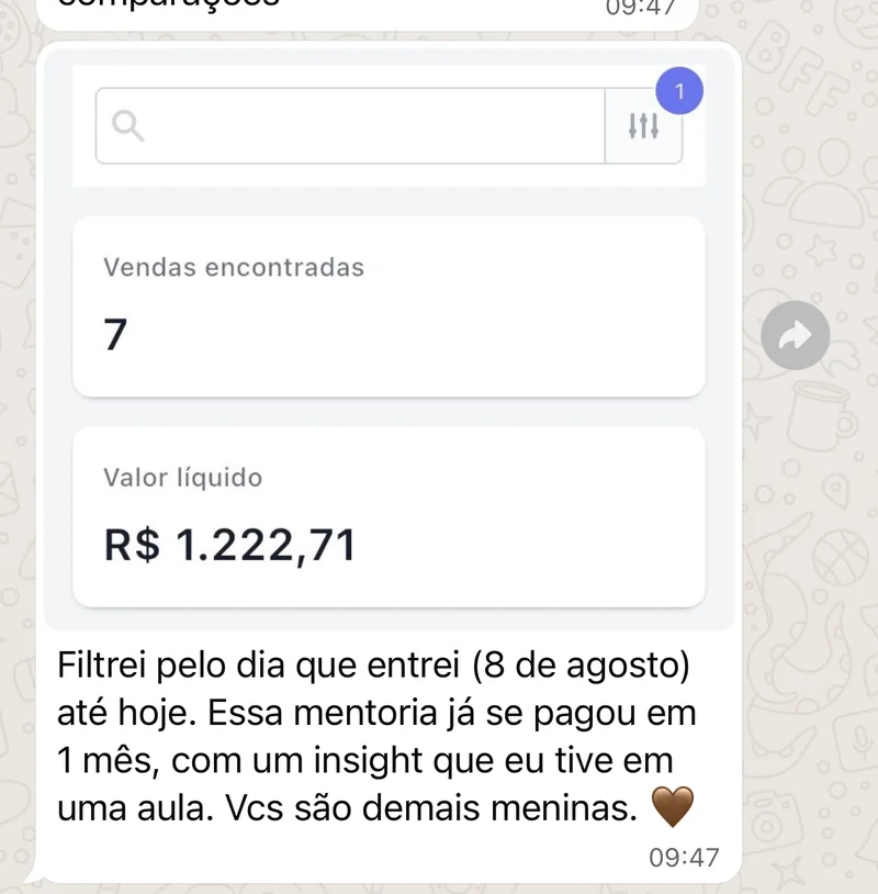 Camily mostra 7 vendas e conta que a mentoria se pagou em um mês