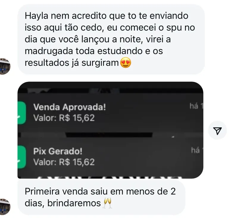 Print da aluna contando a primeira venda em menos de 2 dias