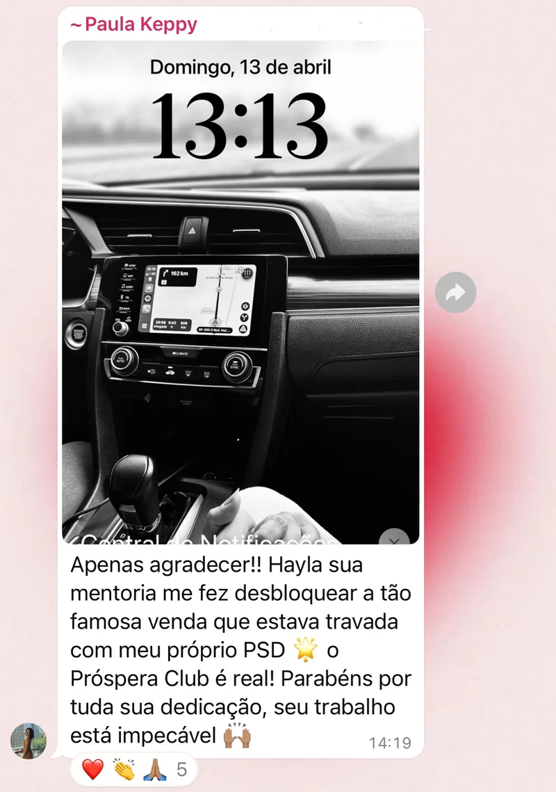 Paula agradece à Hayla por ajudá-la a destravar sua primeira venda com seu próprio produto