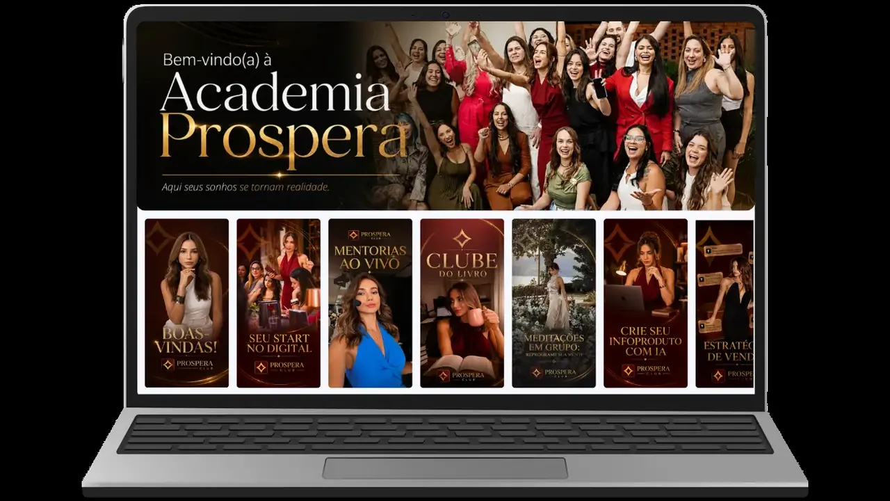 Notebook aberto na plataforma da Academia Prospera, com o letreiro de boas-vindas e as capas dos módulos, como Mentorias ao Vivo e Crie seu Infoproduto com IA