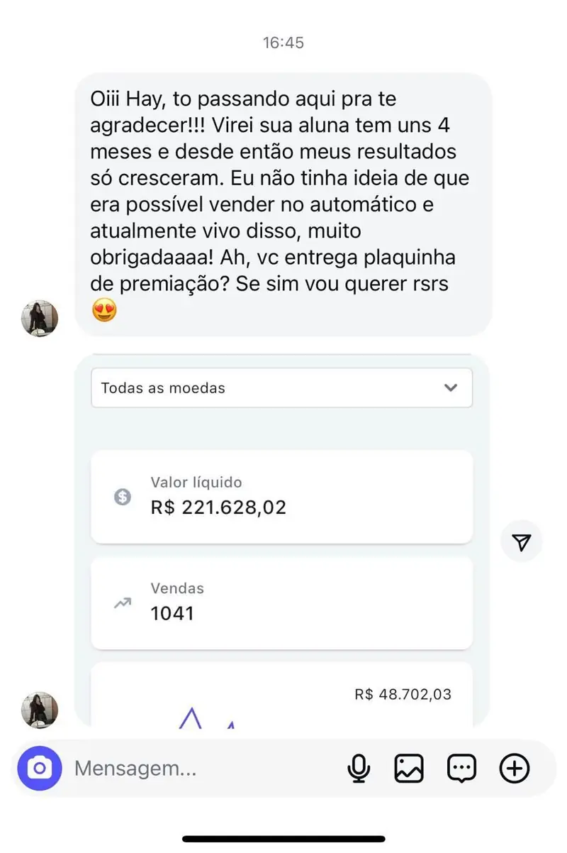 Mensagem de aluna agradecendo e print mostrando R$ 221.628,02 de valor líquido e 1.041 vendas em 4 meses