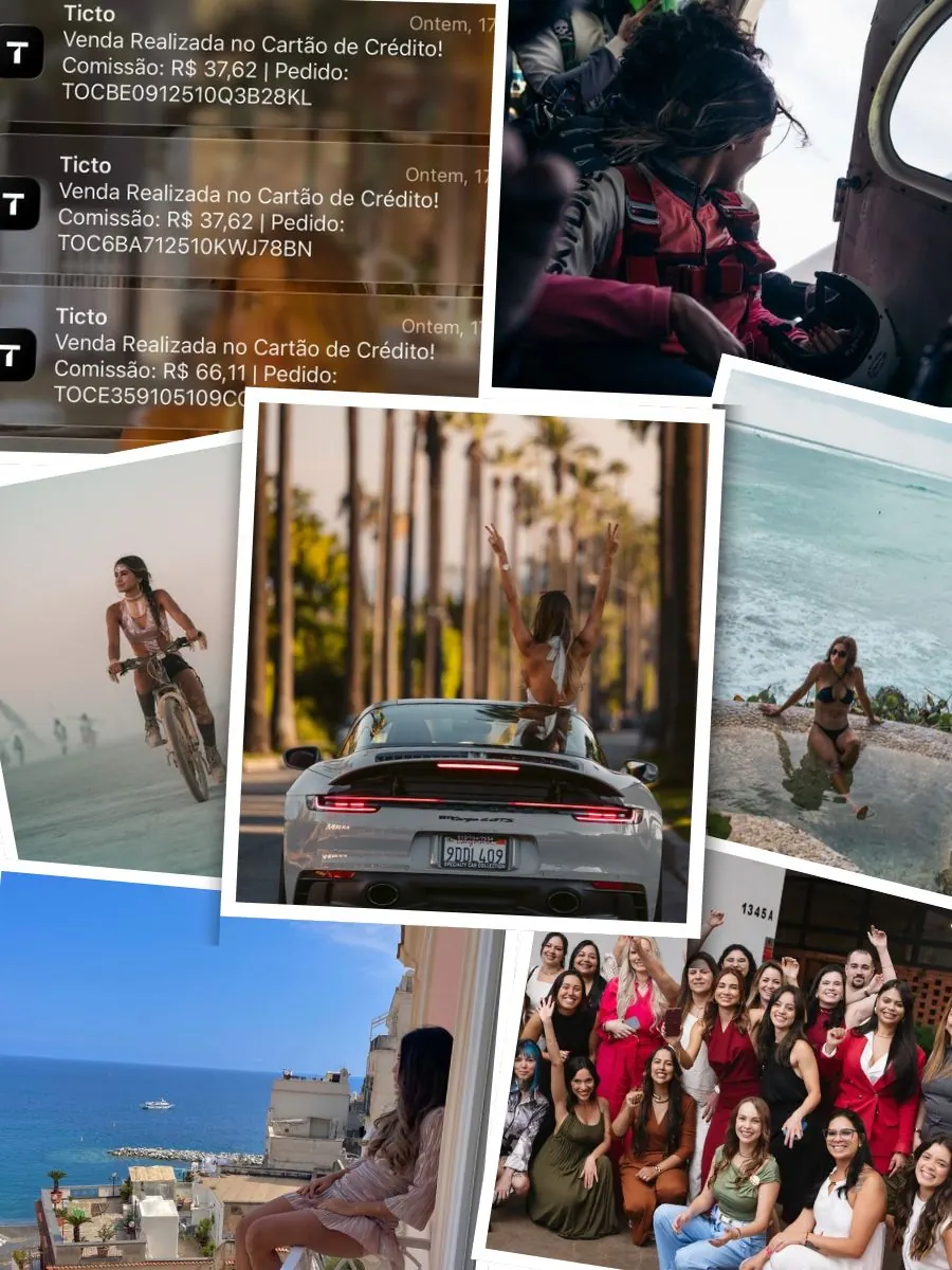 Colagem de fotos da Hayla viajando: no teto de um carro em uma avenida de palmeiras, em uma queda de paraquedas, de bicicleta em um deserto, à beira-mar, em uma varanda sobre o mar e com um grupo de mulheres